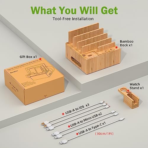 Eco-Friendly Bamboo Multi-Device Charging Hub by Pezin & Hulin – Elegant Docking Station for Phones, Tablets, Smartwatches & Earpods with 5 High-Speed USB Cables for Clutter-Free, Fast Charging Solutions in Home or Office