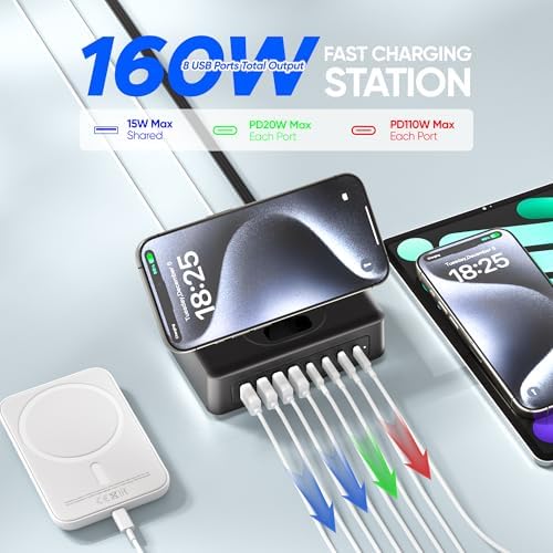 11-in-1 USB C Power Strip Charging Hub by ACOZVIN – 115 W Multi-Device Fast Charger with 2 AC Outlets, 4 USB-A & 4 USB-C Ports, 5 FT Flat Plug Cord for Mac Book, i Phone 16/15/14 – Ideal Desktop Solution for Home & Office Power Needs