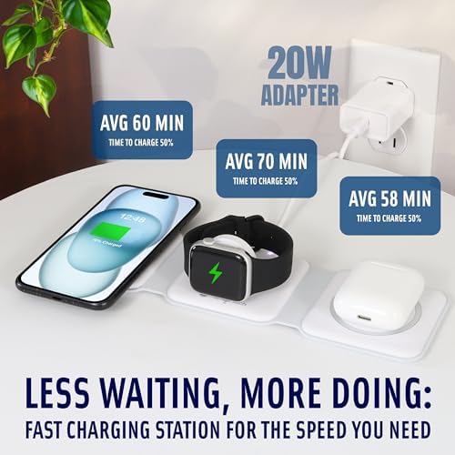 Ultimate Foldable 3-in-1 Wireless Charger Kit for Apple Devices – Fast Charging with 20 W PD Adapter & Portable Carrying Case – Magnetic Alignment for i Phone 15/14/13/12 Pro/Max, Apple Watch & Air Pods – Enhance Travel Convenience and Power Management