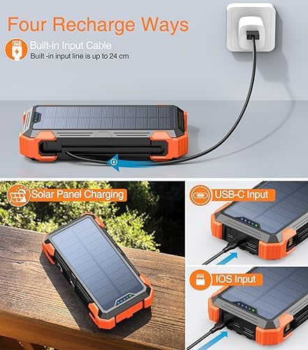 GOODaaa 42800 m Ah Portable Solar Power Bank with Built-in Cables and 15 W Fast Charging – Multi-Device Outdoor Charger with 5 Outputs, 3 Inputs, Emergency Flashlight and Durable Carabiner for Ultimate Convenience and Reliability