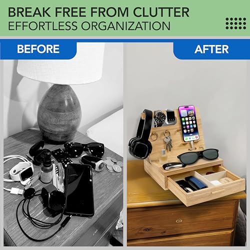 Nightstand Organizer- Rustic Bedside Organizer with Drawer for Cellphone, Watches, Headphone, Sunglasses, & Accessories- Makes an Ideal Gift for Dad or Son – Enhanced Compatibility and Speed