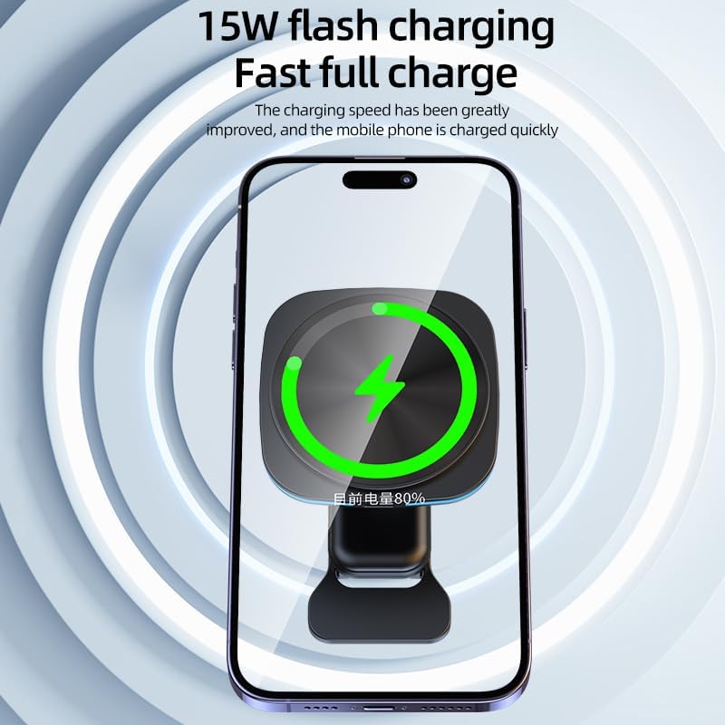 15 W Fast Magnetic Wireless Car Phone Mount for i Phone 12-15 Series – Sleek Automotive Charger Holder with One-Handed Operation and Blue Light Indicator for Safe Navigation and Quick Power-ups – Essential Driving Accessory