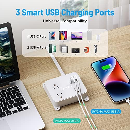 TROND Ultra Thin Flat Extension Cord with 3 USB Ports and 3 AC Outlets – Sleek Wall-Mount Power Strip for Smart Charging in Small Spaces – Perfect for Home, Dorms, and Workstations – Compact Surge Protector for Modern Electronics