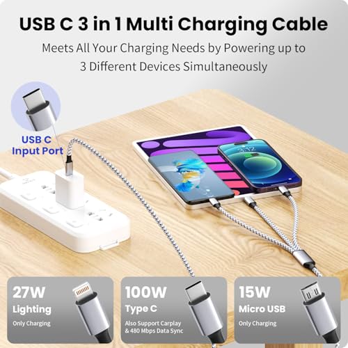 240 W 4-in-1 Braided Charging Cable: Ultimate Fast Charge Solution with E-Mark Chip for i Phone, i Pad, Mac Book & Android Devices (5 FT) – Durable Multi-Connector Cord for Seamless Device Compatibility and Superior Performance