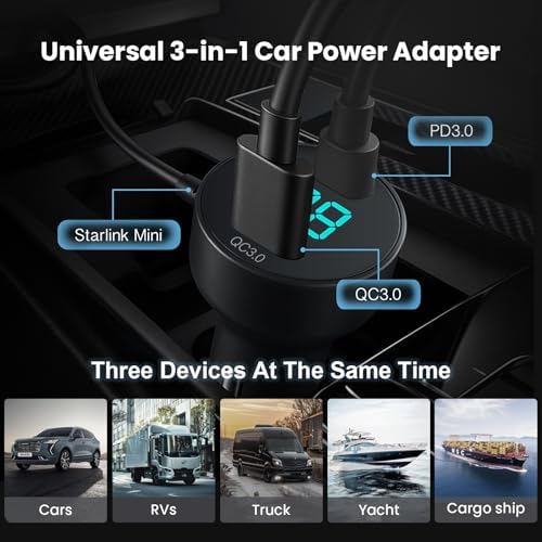 3-in-1 Starlink Mini Car Charger – Advanced DC Power Cable with PD 36 W & QC 3.0 Fast Charging, LED Voltage Indicator, 12 V-24 V Vehicle Power Adapter for Cars, RVs, and Trucks – Ultimate Compatibility for On-the-Go Connectivity