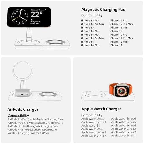 Revolutionize Your Charging Experience: 3-in-1 Fast Charging Station for Apple Devices with Mag-Safe Technology – Wireless Dock for i Phone 16/15/14/13/12 Series, Apple Watch Series 1-9/Ultra, and Air Pods Pro – Includes 30 W USB Charger in Sleek Silver Finish for Optimal Compatibility and Speed