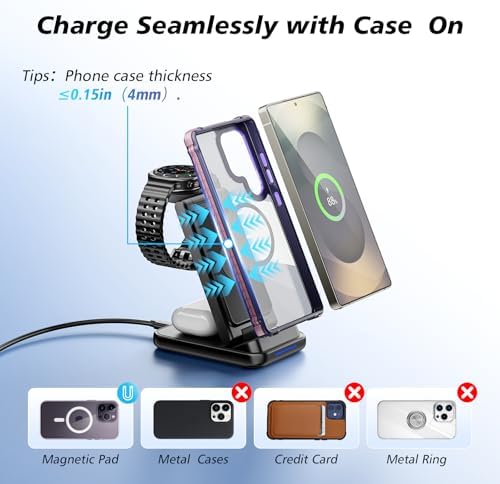 3-in-1 Fast Wireless Charger Station for Samsung Devices – Foldable Dual Coil Charging Hub for Galaxy Watch 7/6/5, Galaxy Buds, and S25/S24 Ultra – Compact, Travel-Friendly Design with Enhanced Safety Features and Universal Compatibility