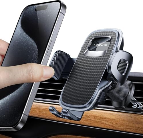 Universal Smartphone Air Vent Car Mount with Dual Metal Hook for Secure One-Hand Use – Sleek Black Design for i Phone & Android Devices, Effortless Navigation & 360-Degree Rotation, Essential Driving Accessory for Safety and Convenience
