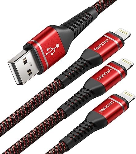 Heavy-Duty UYOUNG i Phone Charger Cable 3 Pack – 6 FT MFi Certified Nylon Braided USB to Lightning Fast Charging Cords for i Phone 14/13/12/11/SE/X/XS/XR/8/7/6/6 S & i Pad – Durable, Tangle-Free Charging Solution in Vibrant Red for Ultimate Convenience and Performance