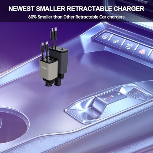 Premium Flexino Compact Retractable Car Charger for i Phone 16 – 69 W Fast Charging with Dual 2.6 ft USB C Cords | Efficient Power Adapter Compatible with i Phone 16/15/14/13/12 Series & Galaxy Devices | Sleek Grey Design for Ultimate Portability and Reduced Cable Clutter