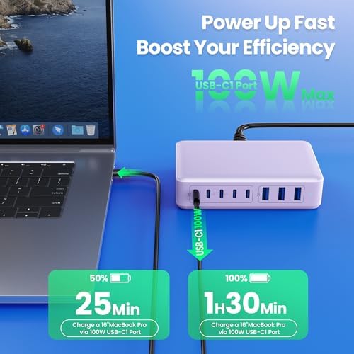 Revolutionary 300 W Ga N IV Technology USB-C Charging Hub – 8-Port Multi-Device Charger for Mac Book Pro/Air, DELL Laptops, i Phone 16/15/14 & Galaxy S25 – Sleek Navy Finish for Enhanced Home & Office Efficiency – Your Premier Solution for Rapid Device Power and Seamless Connectivity