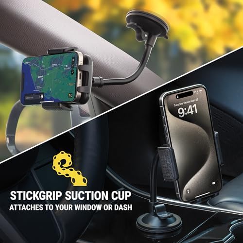 Scosche UH2WDEXCLN Universal Hands Free Phone Mount for Car Windshield/Dashboard, Suction Cup Cell Phone Holder with 360° Rotation, Includes Screen Cleaner, Stand Compatible with iPhone and Android – Enhanced Compatibility and Speed