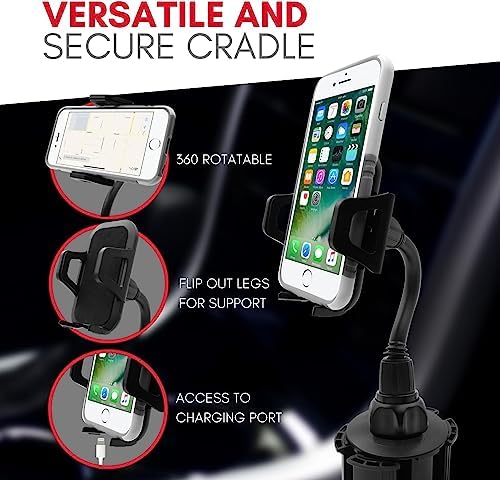 Universal Smartphone Cup Holder Mount by Macally – Adjustable Car Phone Holder for i Phone, Samsung & All Smartphones – Secure, Flexible, and 360-Degree Rotatable Design for Safe Driving and Easy Access