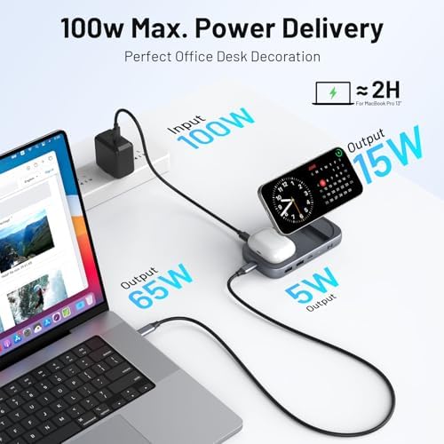 Upgrade Your Mac Book Experience with the Selore USB C Hub: 4 K HDMI Dock, 100 W Rapid Power Delivery, Qi2 Wireless Charging, 10 Gbps High-Speed Data Transfer & i Phone Mirroring – The Essential Space-Saving Organizer for Maximum Productivity