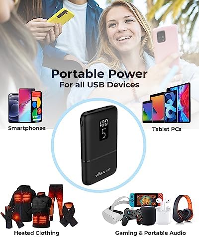 Vida IT 5000 m Ah Portable Charger – Lightweight USB-C Power Bank for i Phone XR, 11, 12, 13, Google Pixel, Samsung, Motorola, Xiaomi – Fast Charging with LED Display – Ideal for Heated Vests and Outdoor Use
