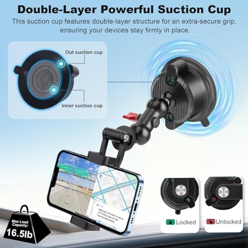 Car Phone Holder Phone Mount for Car, Double-Layer Suction Cup Camera Mount with 360° Ball Head Magic Arm, Windshield Window Car Mount for iPhone/Smartphone/DSLR/Action Camera (SY020) – Enhanced Compatibility and Speed