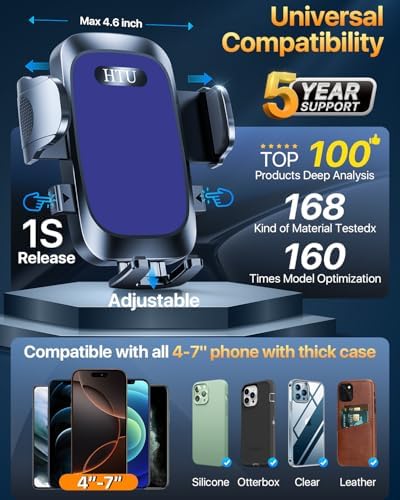 HTU Premium Adjustable Suction Car Phone Holder with Bendable Arm – Ultimate Dashboard and Windshield Mount for i Phone 16, 15, 14, 13, 12 Pro Max (Black) – Secure Grip, 360-Degree Rotation, Enhanced Safety and Usability