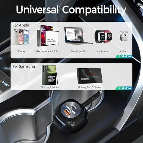 Merrtody 2025 Ultra-Compact 81 W Retractable Car Charger with 30-Inch USB-C Cable – Fast Charging Adapter for i Phone 16/15/14, Mac Book Pro, i Pad, Galaxy, Pixel & More – Perfect for Travelers & Commuters with Smart Charging Technology