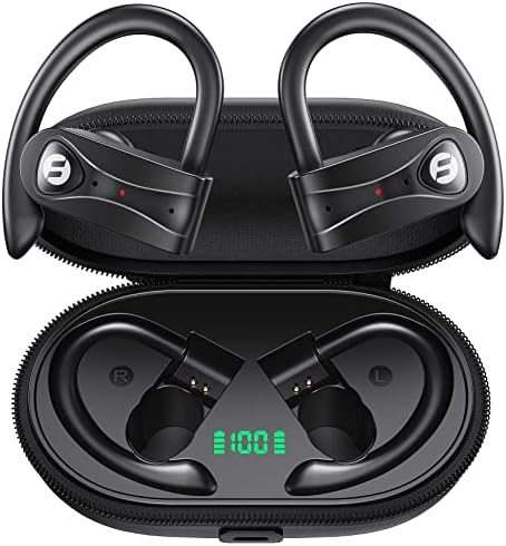 Elevate Your Audio Experience with Advanced Bluetooth Noise-Canceling Headphones Featuring 4 Mics for Crystal Clear Calls, Immersive Bass, 60 Hours Playtime – Wireless Charging Case & LED Display for Sports and Workouts with Secure Earhooks for Ultimate Comfort