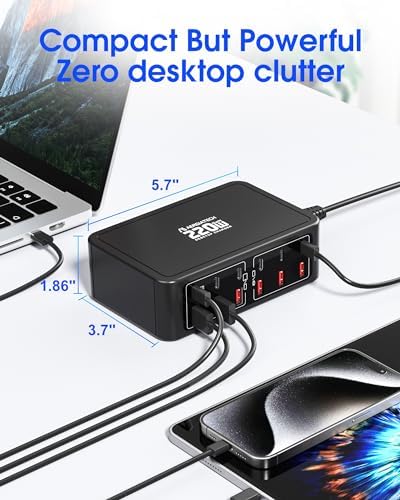 220 W Ga N USB-C Charging Station – 12-Port High-Speed Hub with 65 W Laptop Adapter for Mac Book, i Pad, and More – Sleek Black Multi-Device Power Solution for Home, Office, and Travel – Efficient Charging for Tech Enthusiasts and Families