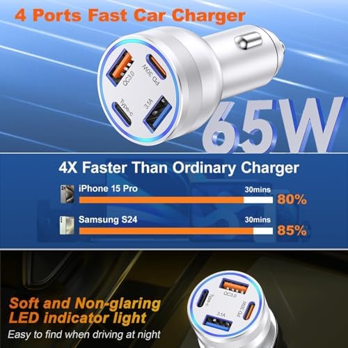 High-Powered 5-Pack USB C Car Charger – 4-Port 65 W Dual USB-C & USB-A Fast Charging Adapter for i Phone 16/15/14/13/12 Pro Max, Samsung Galaxy & i Pad – Ultimate Compatibility & Speed for On-the-Go Charging