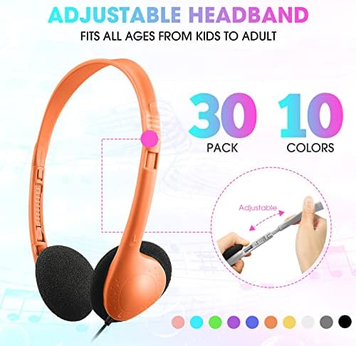 Chumia 30 Pack Adjustable On-Ear Headphones – Premium Bulk Audio Solution with 3.5 mm Compatibility for Students and Adults – Ideal for Classroom, Library, Museum, and Travel Use – 10 Eye-Catching Colors for Ultimate Comfort and Style