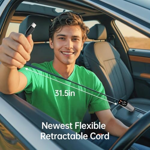 Ultra-Slim Flexino Retractable Car Charger – 57 W Fast Charge for i Phone 16/15, Galaxy, Pixel – Dual USB-C Ports for Concurrent Charging – Compact & Tangle-Free Design – Essential Travel Accessory for Seamless Connectivity