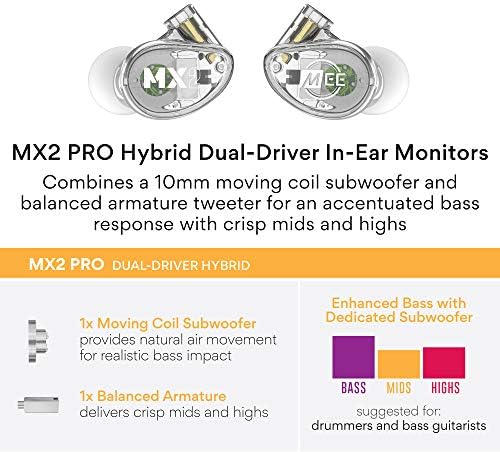 MEE audio MX1 PRO Dynamic Driver In-Ear Monitor Headphones – Professional Quality Sound Isolation Earbuds with Memory Wire Comfort, Detachable Cables, and Transparent Design for Musicians and Audiophiles – Exceptional Audio Clarity for Live Performances and Studio Sessions
