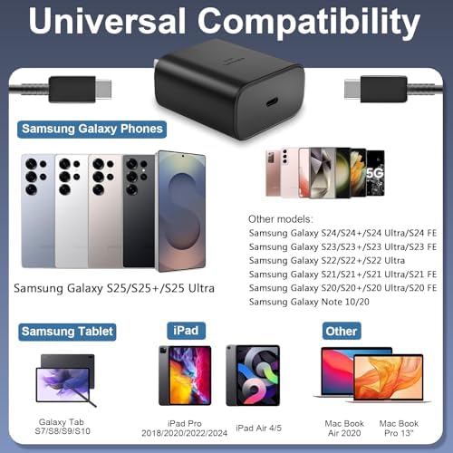 Rapid Charge 45 W USB Type C Power Adapter with 6.6 FT Cable for Samsung Galaxy – Ultimate Fast Charging Solution for S25/S25 Ultra/S24/S23/S22/Note Series – Enhanced Compatibility and Robust Build for Daily Demands