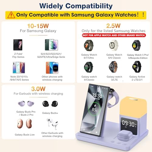 Ultimate 6-in-1 Wireless Charging Station for Samsung & Android: Fast Charger with Alarm Clock & Night Light for Galaxy S25 Ultra, S24, S23, and Samsung Watch7 – Space-Saving Design, Enhanced Compatibility, and Sleek Black Finish for Modern Living