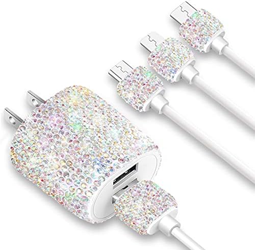 Glamorous Bling USB Wall Charger with 3-in-1 Multi Charging Cable – Fast Charging Adapter for i Phone & Android, Featuring Eye-Catching Crystal Decor, Universal Compatibility for All Devices – Stylish & Efficient Cell Phone Accessory for Women and Girls