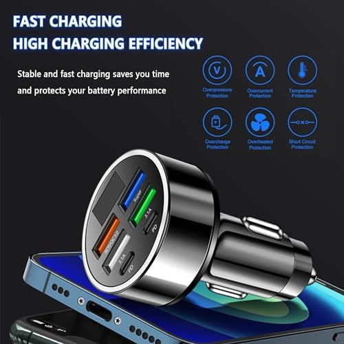 Maximize On-the-Go Charging Efficiency with the 6-Port Fast Car Charger Featuring Real-Time Voltage Monitoring and Dual PD/QC3.0 Technology – Ideal for i Phone 13/14/15 & Most Android Devices – Essential Travel Companion (2 Pack)