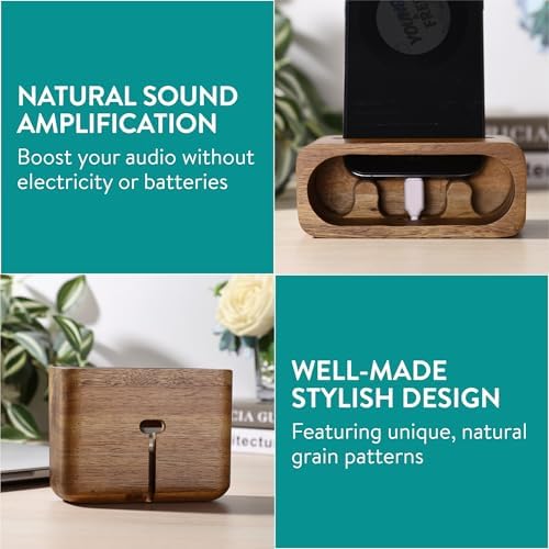 Navaris Bamboo Phone Stand – Bamboo Phone Stand for Desk – Enhanced Sound with Built-in Amplifier – Portable Bamboo Cell Phone Holder Charging Dock for Kitchen Office Bedside – Enhanced Compatibility and Speed