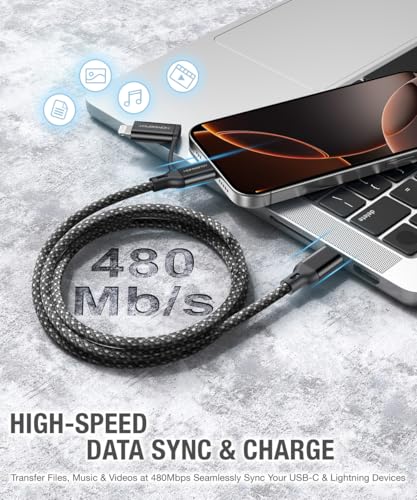 Home Spot 2-in-1 USB-C to USB-C Cable with Lightning Adapter & UL-Listed 20 W Wall Charger – Fast Charging Solution for i Phone, i Pad & Galaxy Devices – MFi Certified, Durable & 6.6 ft Length for Enhanced Device Compatibility and User Convenience