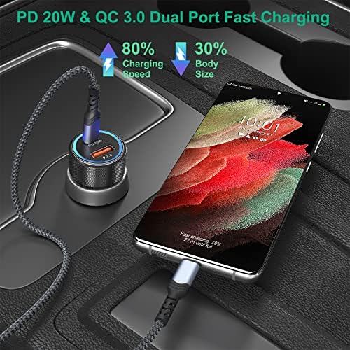 Bangfun 25 W Dual-Port USB-C Car Charger with 2 x 6.6 ft Cables – Ultra-Fast Charging for Samsung Galaxy S24/S23/S22/S21/S20 FE – Compact, Reliable, and Versatile Power Solution for On-the-Go Devices