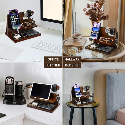 Gifts for Men Wood Phone Docking Station Gifts for him Husband Nightstand Organizer Cell Phone Stand Watch Holder Wallet Station Desk Organizers Gifts for Dad Birthday Gifts for Men (Brown) – Enhanced Compatibility and Speed