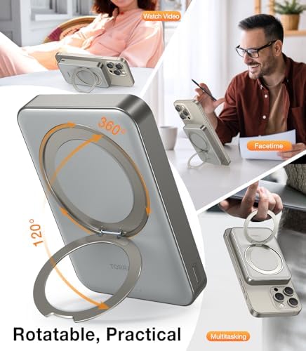 TORRAS 5,000 m Ah Magnetic Power Bank – Ultra-Slim Fast Wireless Charger with Built-in Stand for i Phone 16 Series – Convenient Portable Battery Pack for On-the-Go Charging – Enhanced Compatibility & Speed in Sleek Black Design