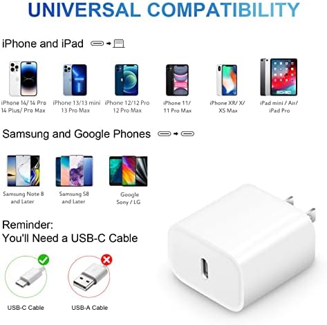 20 W PD USB-C Wall Charger with 6 FT Fast Charging Cable for i Phone 14/13/12/11/Pro/Pro Max/Mini/Xs Max/XR/X and i Pads – Rapid Power for Apple Devices with Enhanced Safety Features and Portability