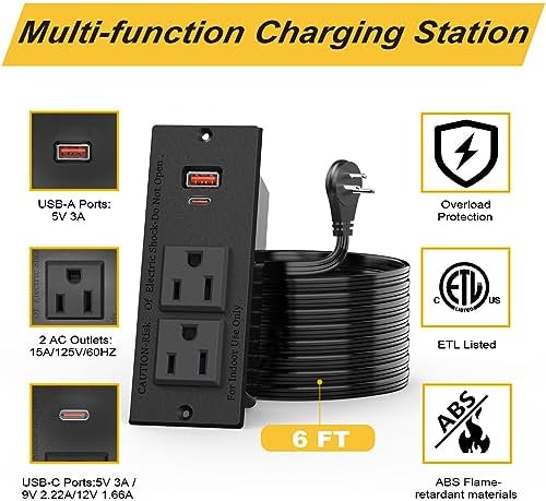 Recessed Power Grommet with Dual 20 W USB C Ports and 6 FT Extension Cord – Versatile Desk Power Socket with 2 AC Outlets for Seamless Integration into Cabinets, Drawers, or Nightstands – ETL Listed for Safety and Enhanced Charging Efficiency – Ideal for Organized Home Offices and Modern Living Spaces