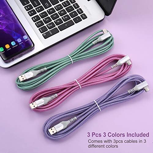 10 FT USB to C Cable 3 Pack – Fast Charging Right Angle Nylon Braided Charger for i Phone 16, Samsung Galaxy S25 & More – Superior Durability & Enhanced Comfort for Gaming & Streaming – Universal Compatibility for All Devices
