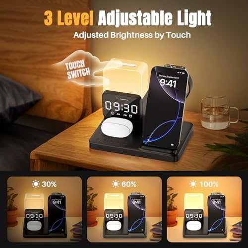 Ultimate 6-in-1 Wireless Charging Dock: Qi Certified Fast Charger for i Phone, Samsung, Air Pods, and Apple Watch with Digital Alarm Clock and Adjustable Night Light – 15 W Power Station with 20 W Adapter Included – Ideal for Streamlined Charging Solutions and Cable Management