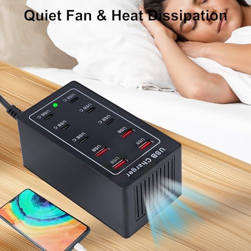 High-Powered 65 W 10-Port Charging Hub – 6 USB-C & 4 USB-A Ports for Fast, Efficient Charging of i Phone 16 Pro, Mac Book Pro/Air, i Pad Pro – Compact Desktop & Wall-Mount Design with Safety Features for Home Office Optimal Performance