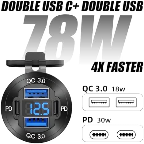 Enhanced 12 V Multi-Port USB Charger – Durable Aluminum Alloy Car Outlet with Integrated LED Voltmeter for Fast Charging in Cars, RVs, Boats, Trucks, and Motorcycles (Dual Pack) – Optimal Device Compatibility and Reliability for On-the-Go Power