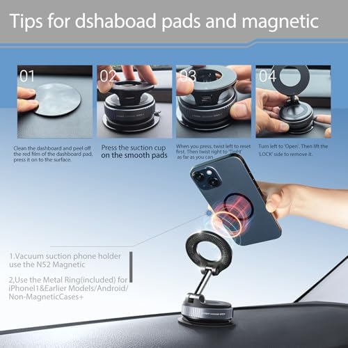 Vacuum Suction Magnetic Phone Holder, 2025 Upgraded Vacuum Suction Cup Mount for Magsafe, 360° Adjustable Foldable Portable Magnetic Car Phone Stand for Cars/Gyms/Mirrors/Smooth Surface (White) – Enhanced Compatibility and Speed