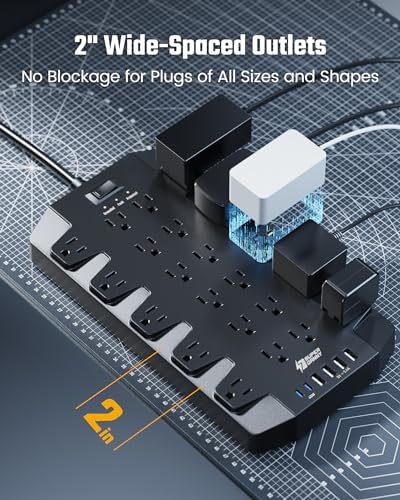 SUPERDANNY 22-Outlet Surge Protector Power Strip with 6.5 Ft Cord, 2 USB-C & 4 USB Ports – High-Capacity 1875 W/15 A with 2100 J Surge Protection for Home, Office, and Dorm Use – Wall Mount Design for Space-Saving Convenience