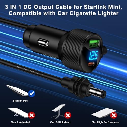 Starlink Mini Power Cable 10 FT – Versatile 3-in-1 Car Charger with Cigarette Lighter Adapter for 12 V-24 V Vehicles, Featuring Digital Display and Dual Fast Charging USB Ports (30 W USB-C PD & 18 W USB-A) for Enhanced Device Compatibility and Performance on the Go