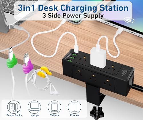 Maximize Workspace Efficiency with the 9-Outlet Desk Clamp Power Strip – Ultimate Mountable Surge Protector Featuring Fast Charging USB & USB-C Ports, 6 ft Extension Cord for Home Office Convenience, Sleek White Design for Enhanced Aesthetics and Functionality