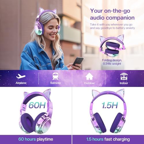 Elevate Your Child’s Listening Experience with Qear Fun Purple Cat Ear Bluetooth Headphones – 60 Hours of Playtime, Safe Volume Control (74/85/94 d B), Ultra-Portable Foldable Design, Advanced Bluetooth 5.3 Connectivity, and Built-in Mic for Girls – Perfect for School, Travel, and On-the-Go Fun