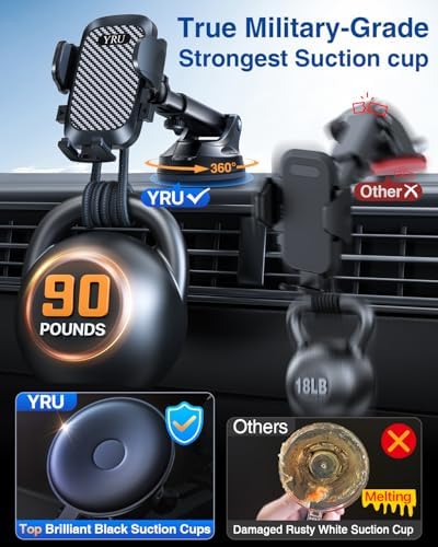 YRU 2025 Military-Grade 360° Rotatable Suction Car Phone Holder – Ultimate Dashboard & Windshield Mount for i Phone 16/15 Pro Max & Samsung – Unmatched 90+ LBS Capacity, Enhanced Compatibility & Easy Installation – Secure, Durable, and Versatile Universal Cradle for Safe Hands-Free Navigation