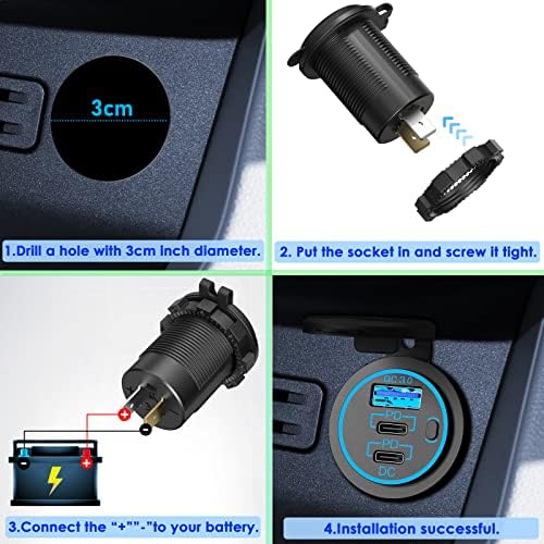 High-Power 58 W USB C Car Charger Socket – Dual 20 W PD3.0 & 18 W QC3.0 Ports for Quick Charging in RVs, Boats, and Motorcycles – Waterproof & Rugged Design with Easy Control Switch for Enhanced Device Compatibility